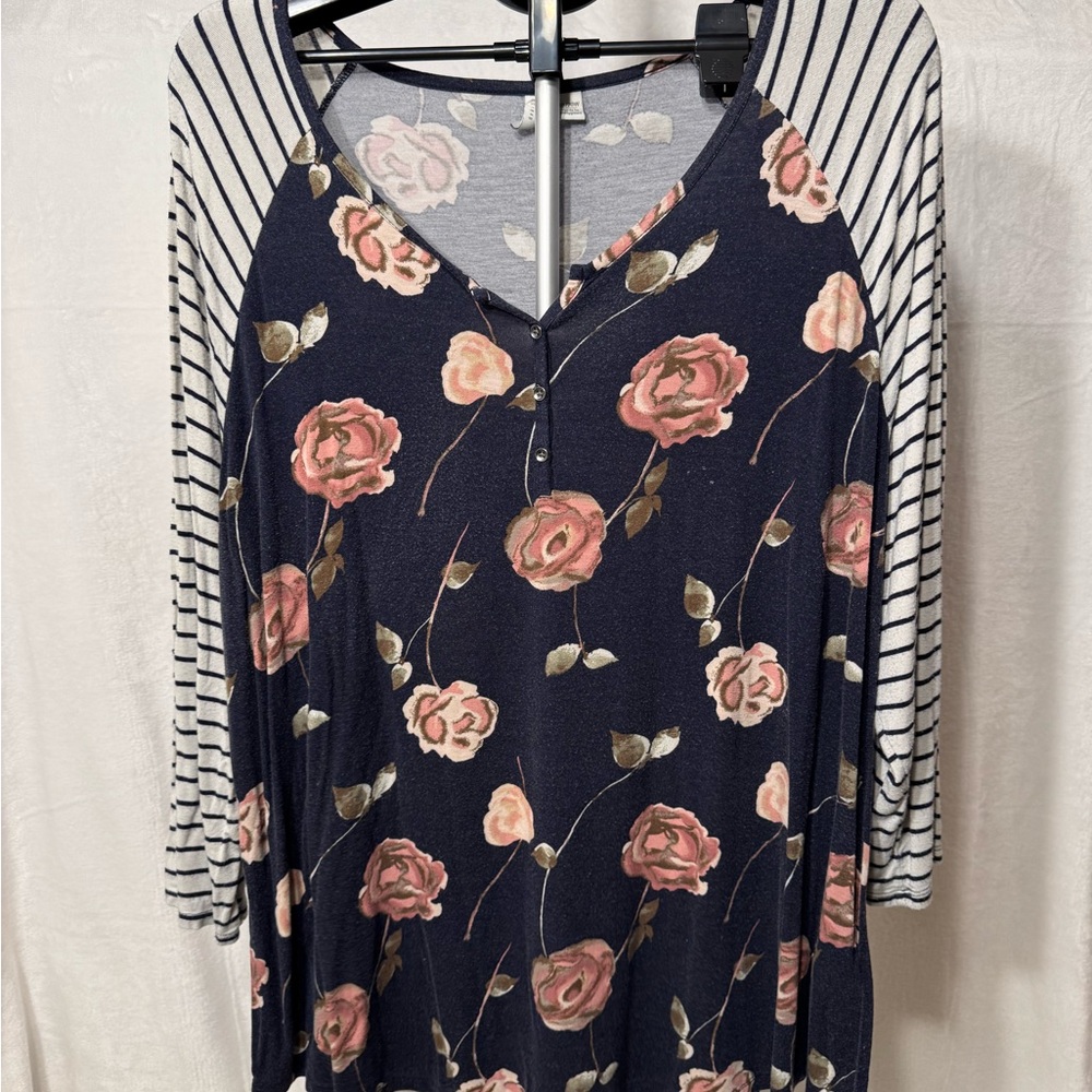 Cato Navy Floral and Striped Top